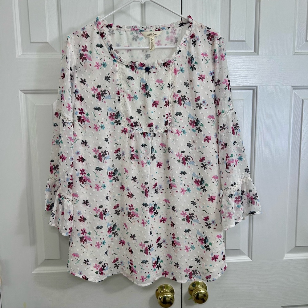 Matilda Jane What's Up Buttercup Floral Swiss Dot Flare Sleeve Ruffle Blouse XL